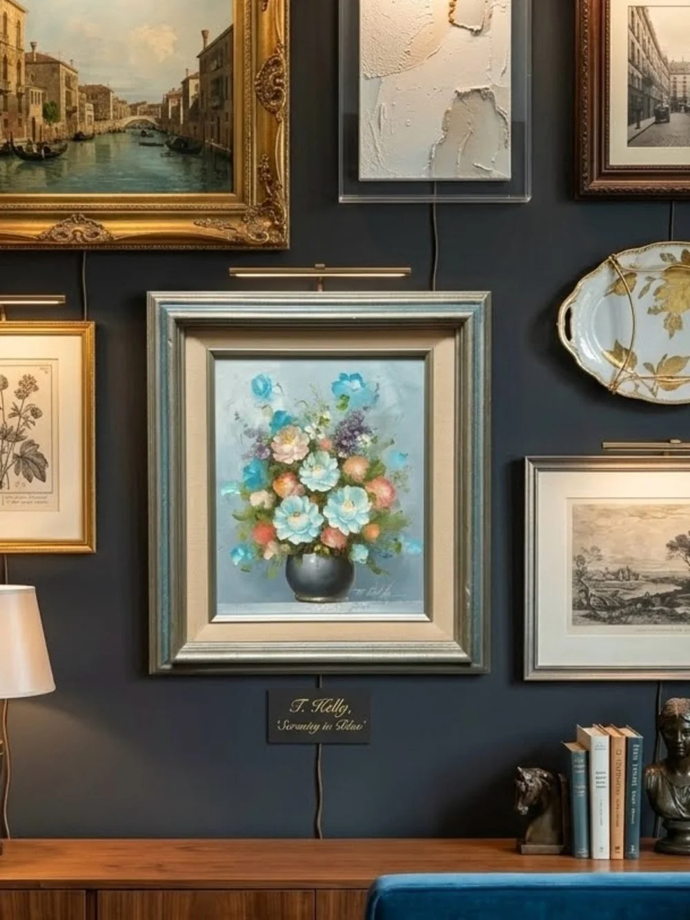 Vintage T Kelly Original Oil Painting Bouquet Wall Art - Blue Orange and Cream